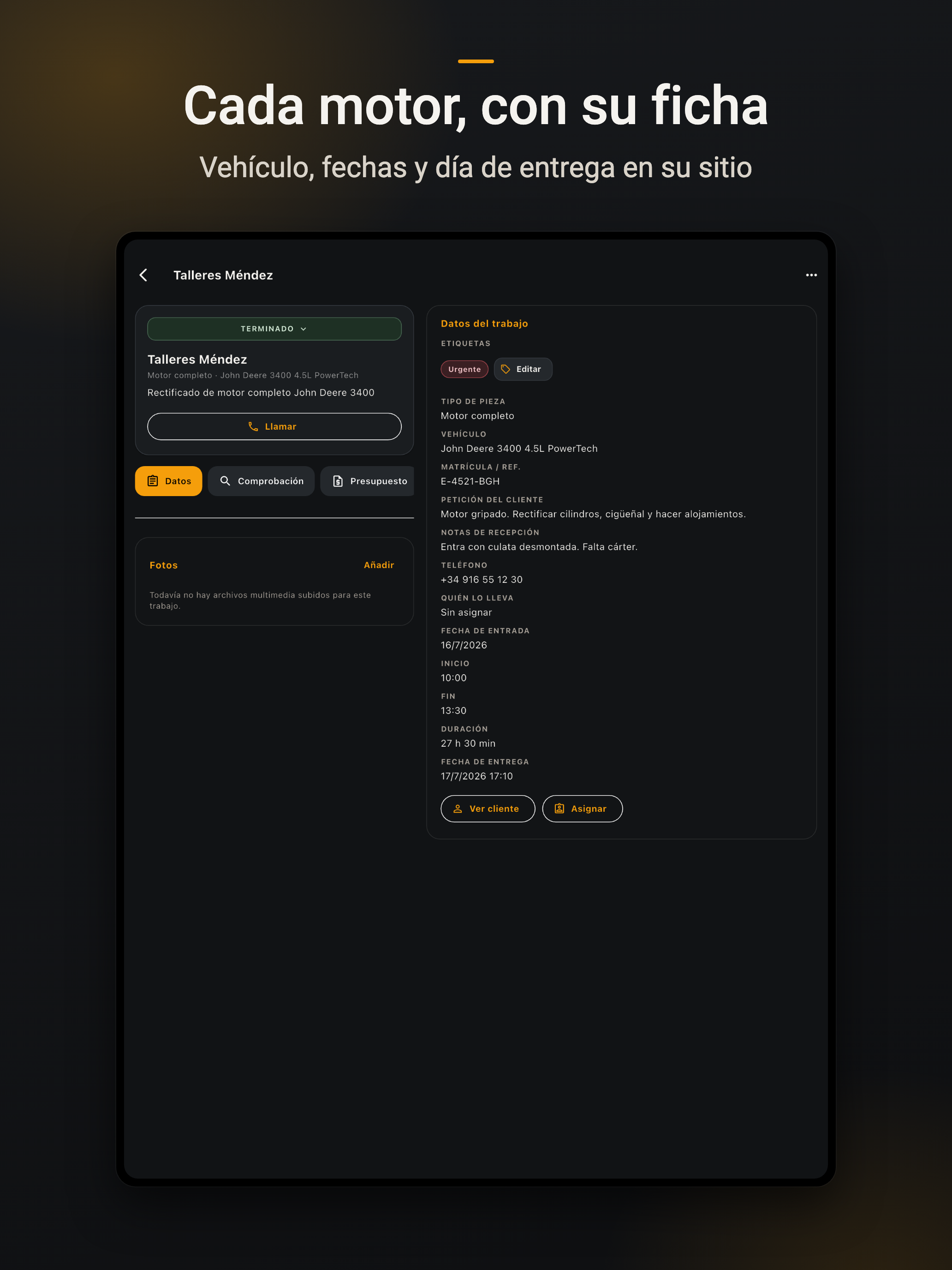 Ficha real de un trabajo en NOCTUX con datos, comprobaciones y fotos