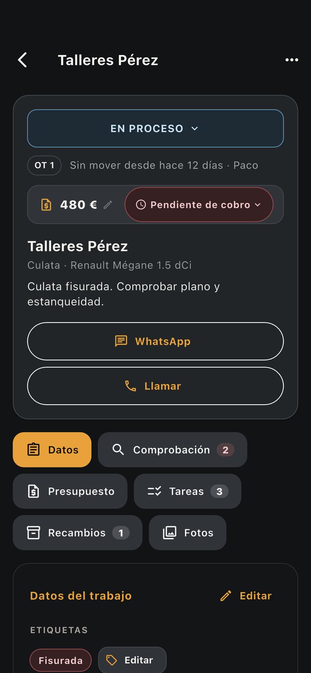 Ficha de un trabajo en NOCTUX con importe, estado del cobro y pestañas