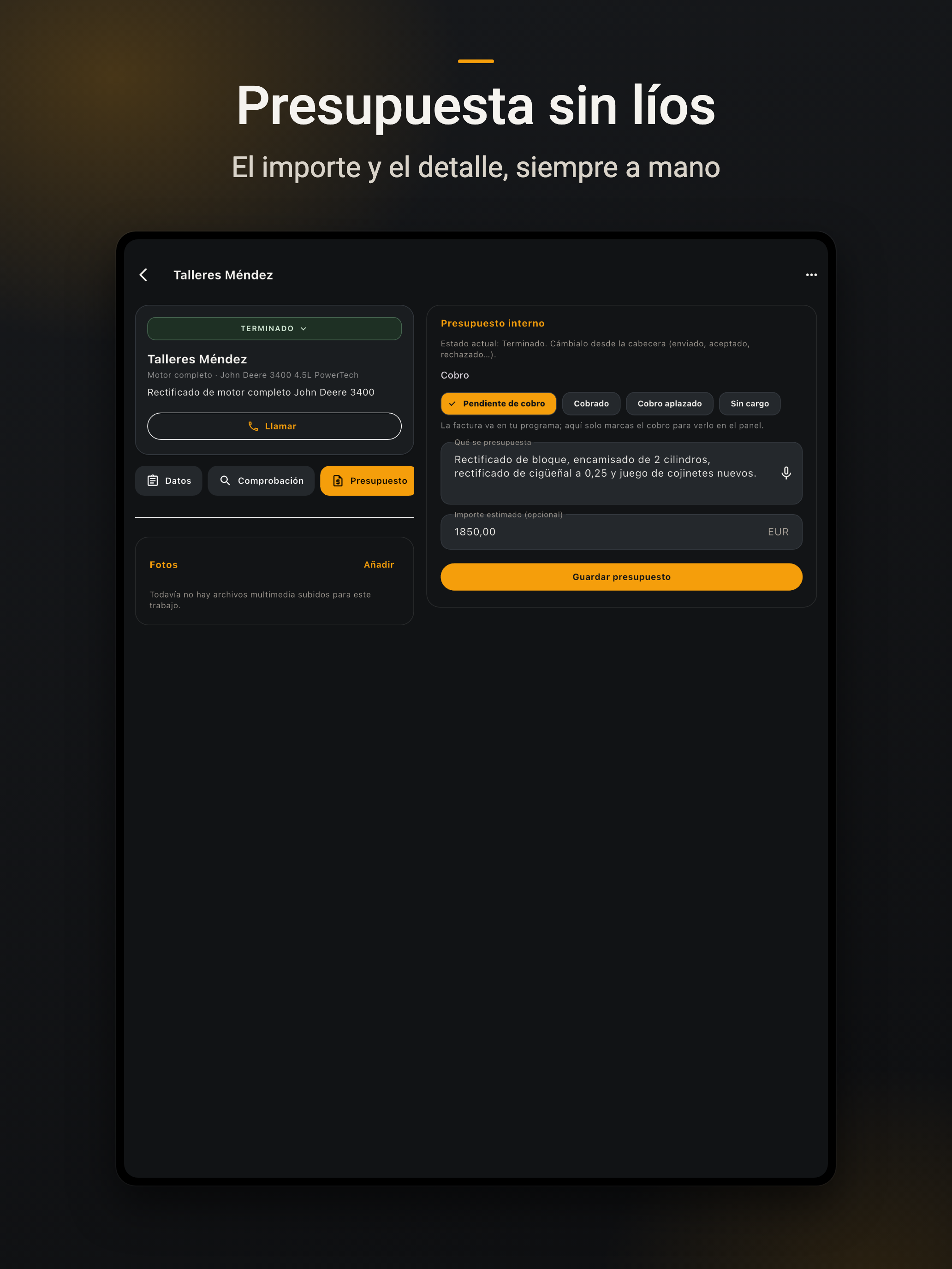 Pantalla real del presupuesto interno de NOCTUX