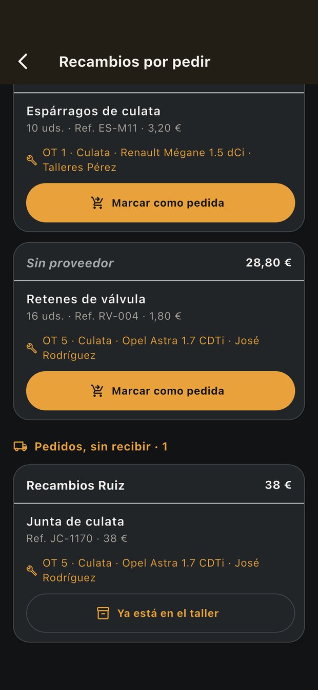 Pantalla de recambios por pedir de NOCTUX, agrupados por proveedor