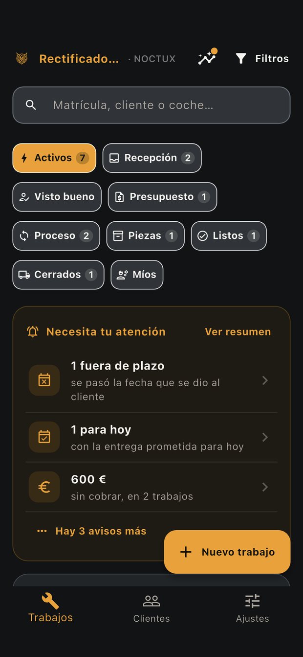 Tablero de trabajos de NOCTUX con la tarjeta de avisos del día