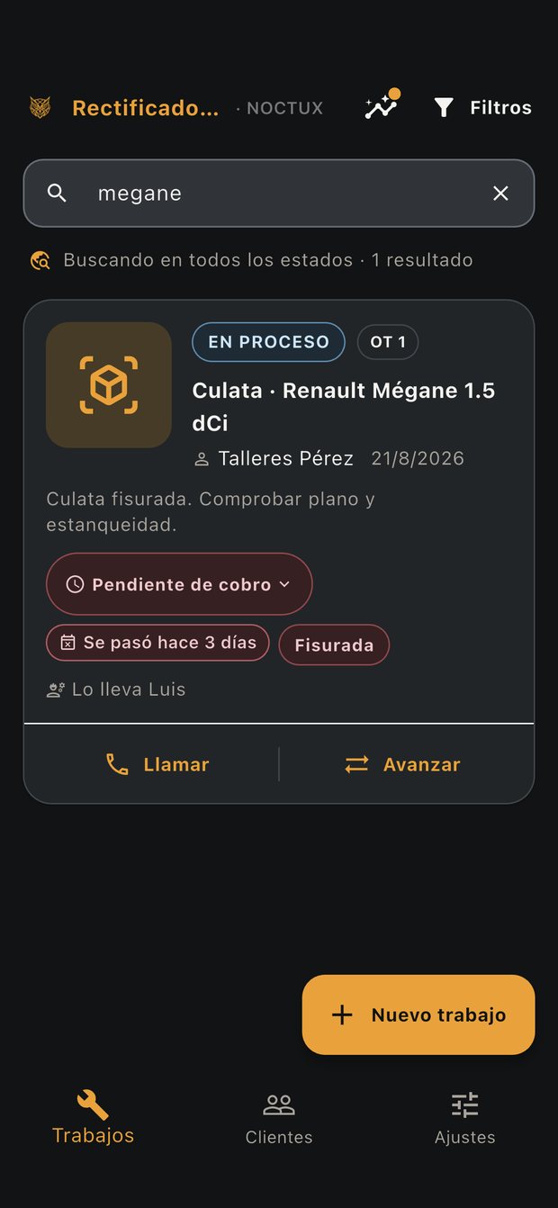 Resultado de búsqueda en NOCTUX: tarjeta de un trabajo con avisos de plazo y cobro